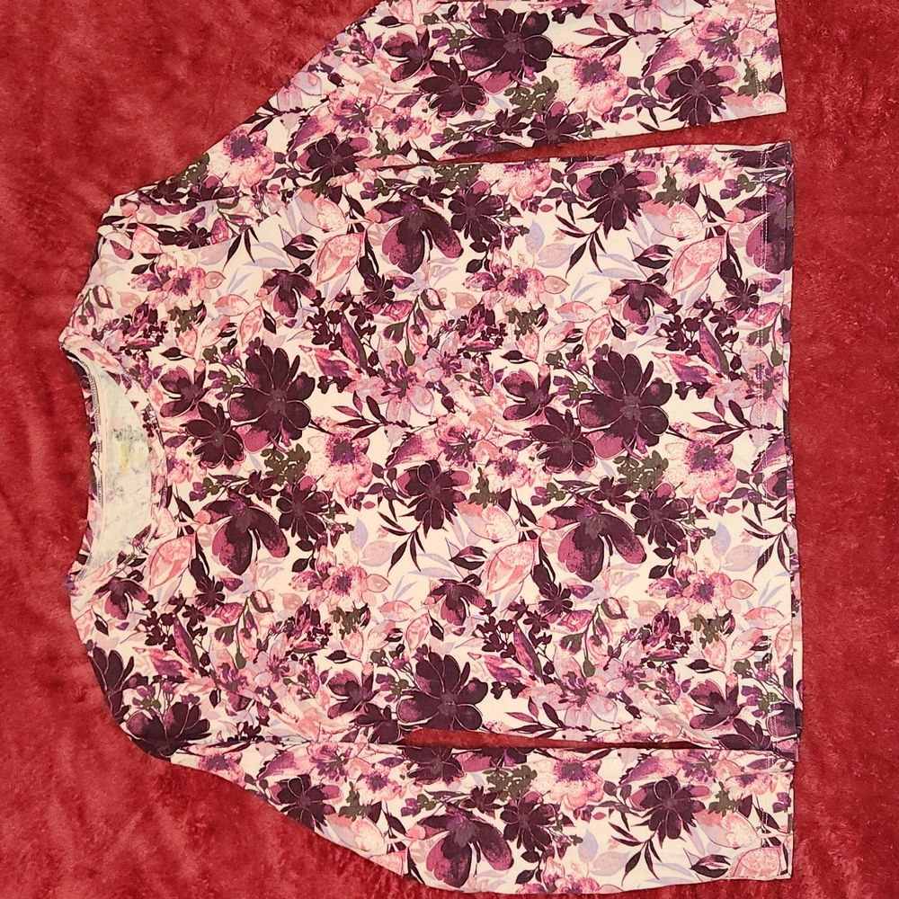 Floral Print Flower T-Shirt Long Sleeve Cotton Purple Pink Womens Size Medium